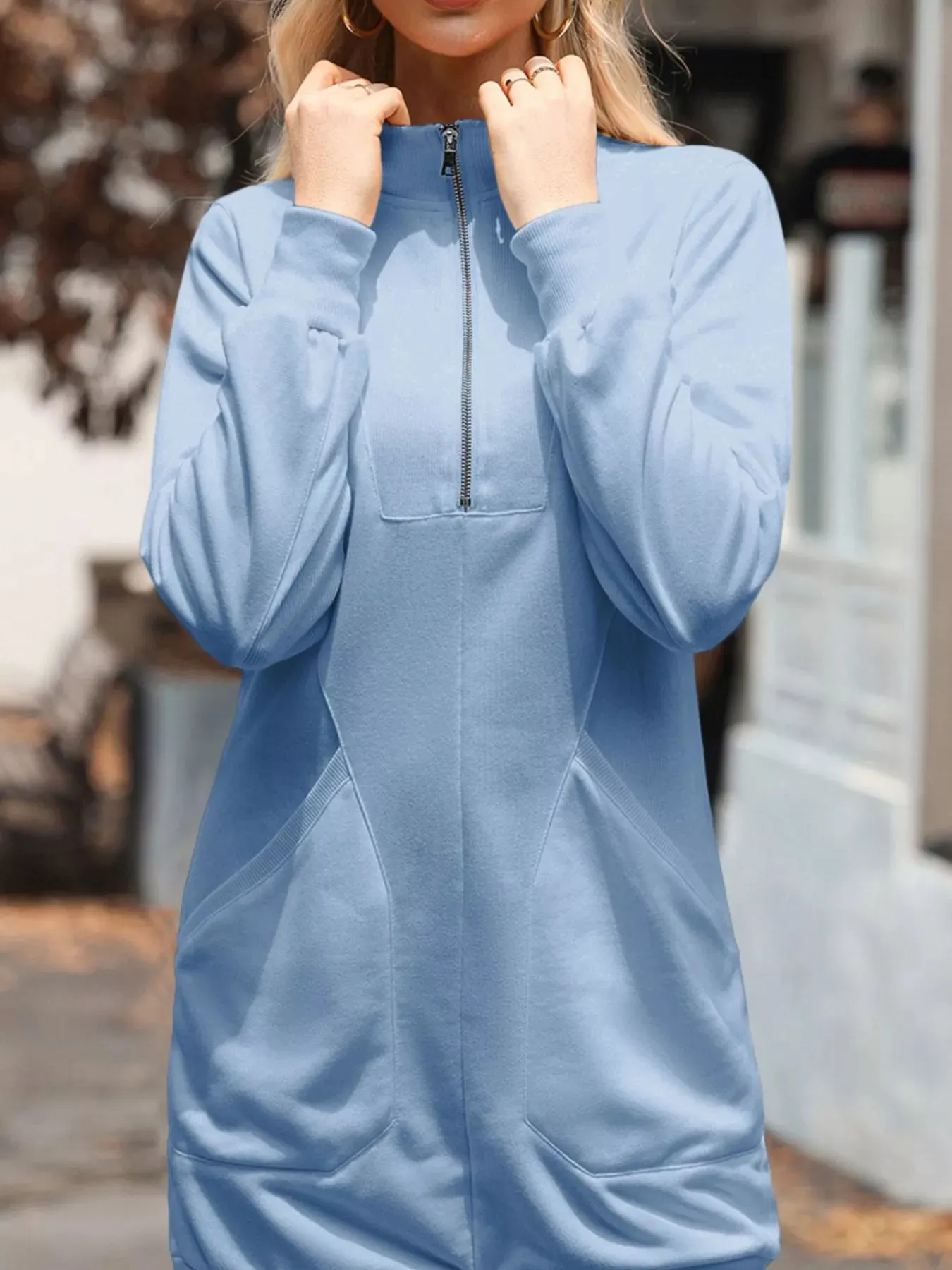 Zip Up Collared Ribbed Patchwork Sweatshirt Dress with Pockets sold by Charming Charlie product image thumbnail 5