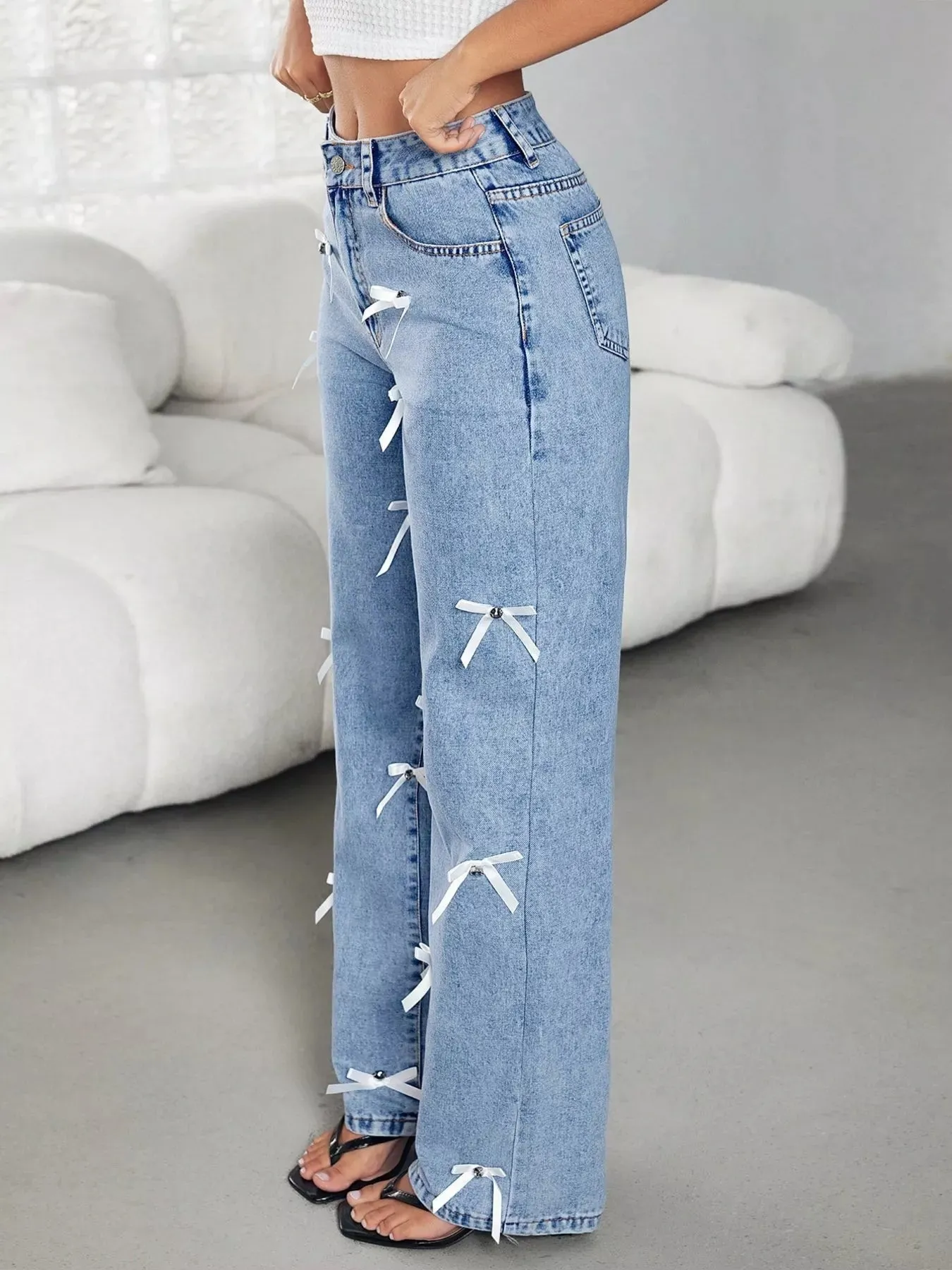 Bow Decor High Waist Wide Leg Jeans sold by Charming Charlie product image thumbnail 4