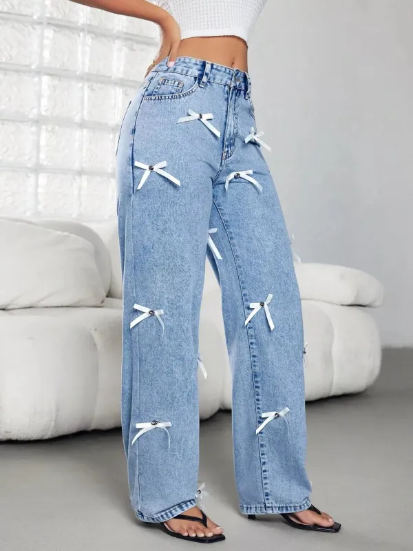 Bow Decor High Waist Wide Leg Jeans sold by Charming Charlie