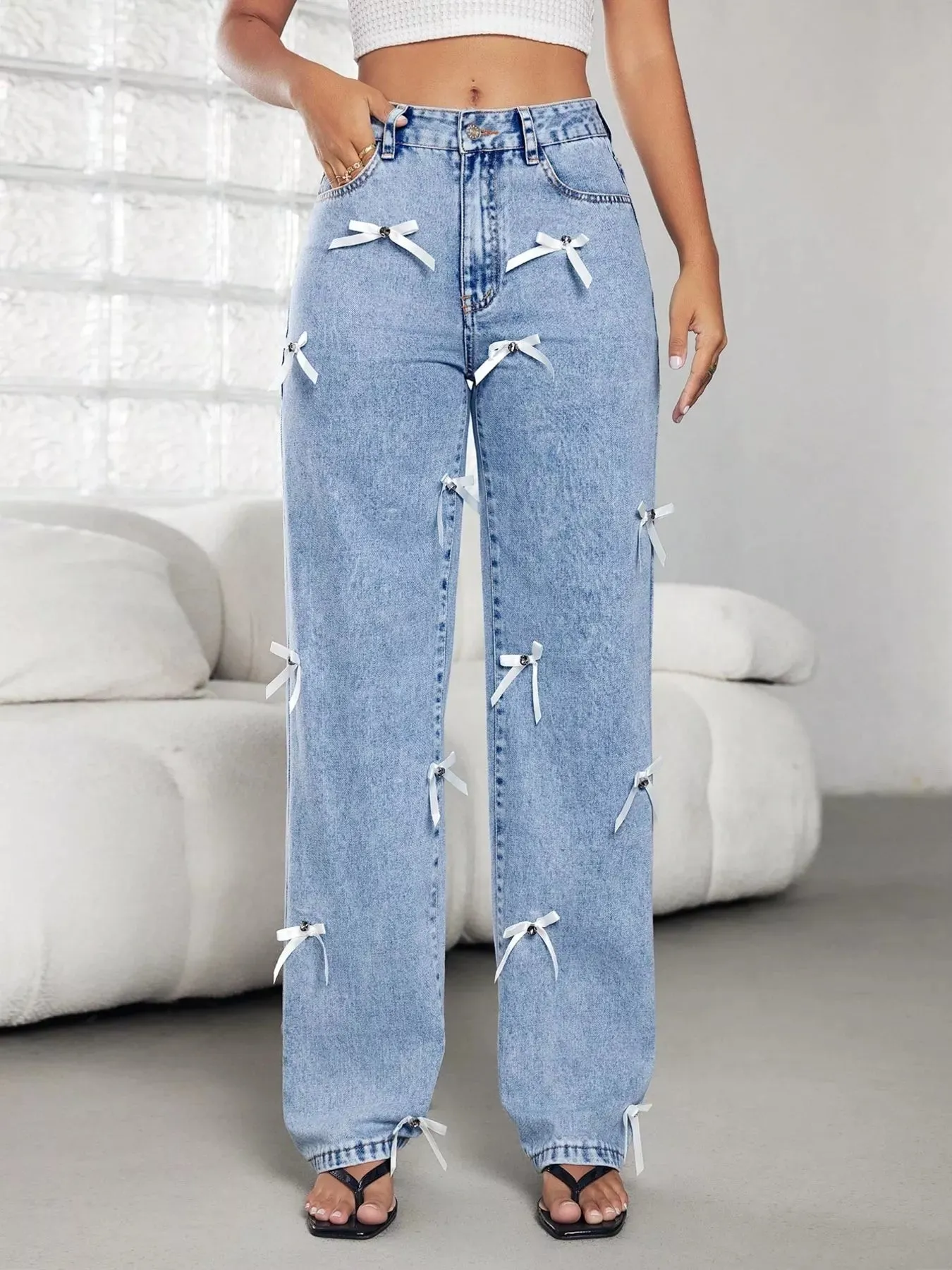 Bow Decor High Waist Wide Leg Jeans sold by Charming Charlie product image thumbnail 2
