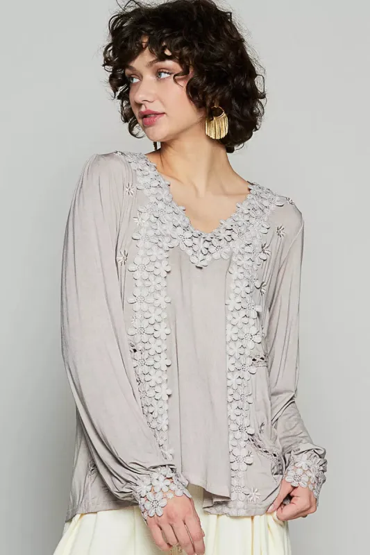 POL Floral Embroidery Woven Top with Lace Trim sold by Charming Charlie