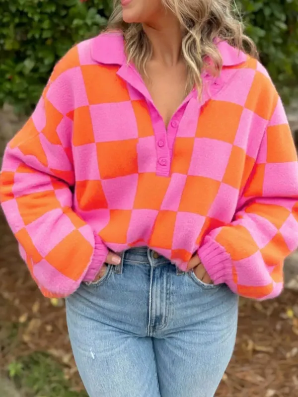 Checkerboard Pattern Half Button Sweater sold by Charming Charlie