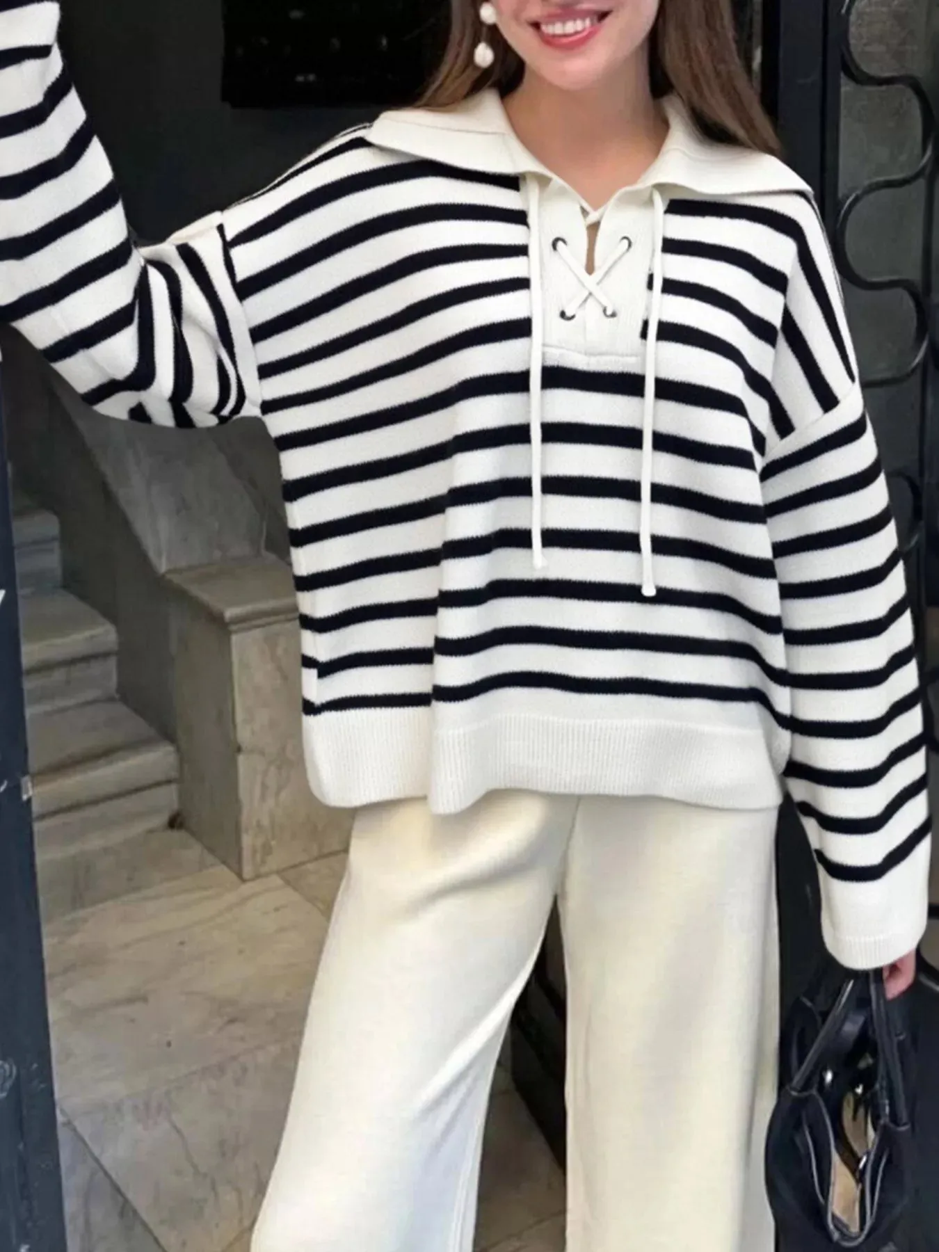 Striped Lace-Up Long Sleeve Sweater sold by Charming Charlie product image thumbnail 3