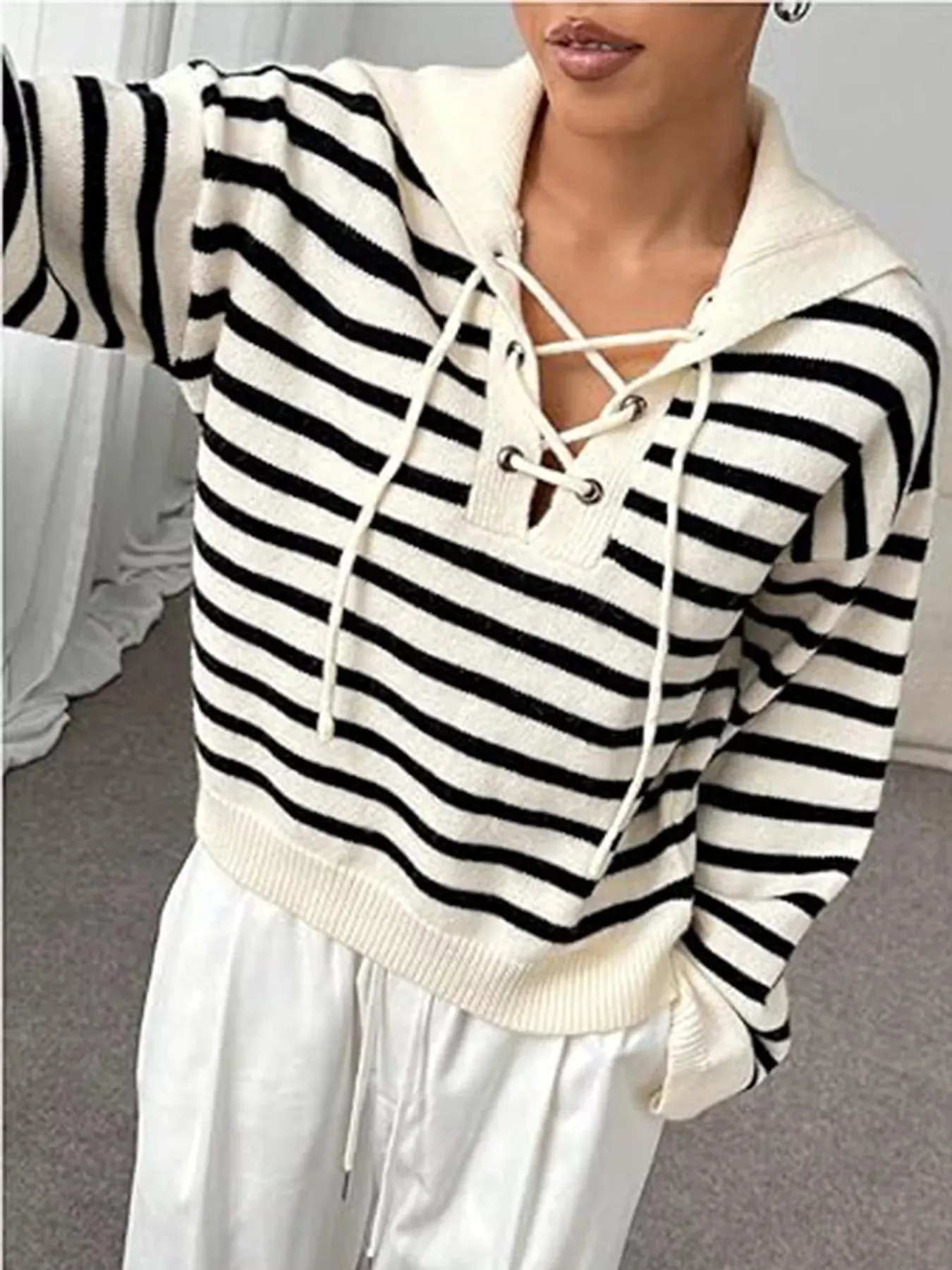 Striped Lace-Up Long Sleeve Sweater sold by Charming Charlie product image thumbnail 4