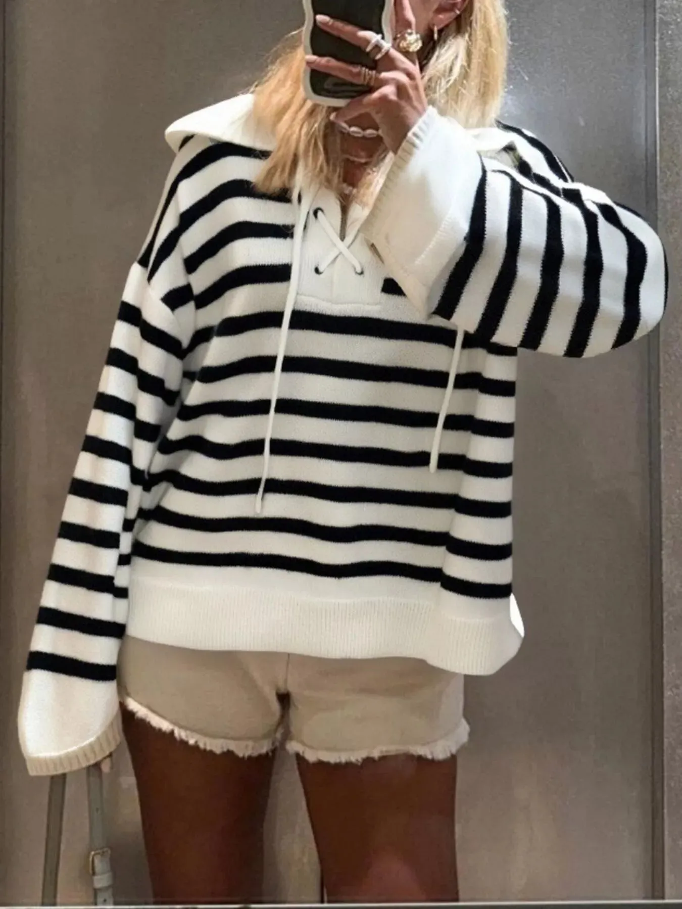 Striped Lace-Up Long Sleeve Sweater sold by Charming Charlie