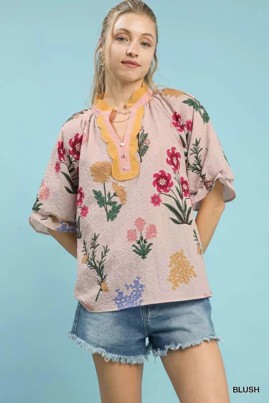 Umgee Floral Puff Sleeve Blouse with Scallop Trim Collar sold by Charming Charlie