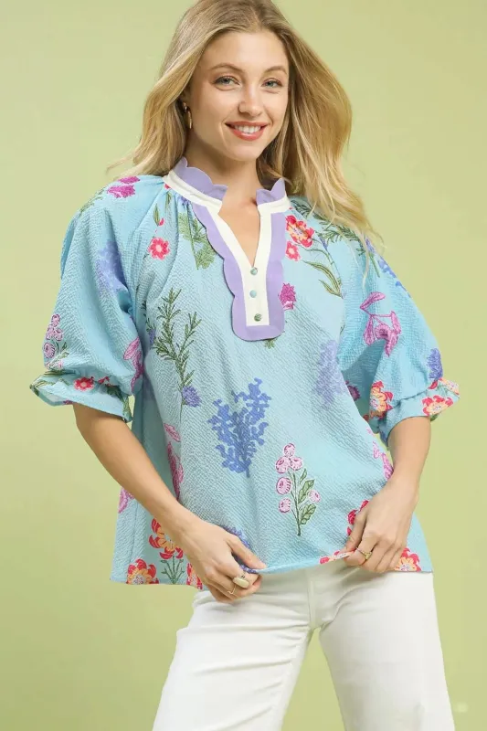 Umgee Floral Puff Sleeve Blouse with Scallop Trim Collar sold by Charming Charlie