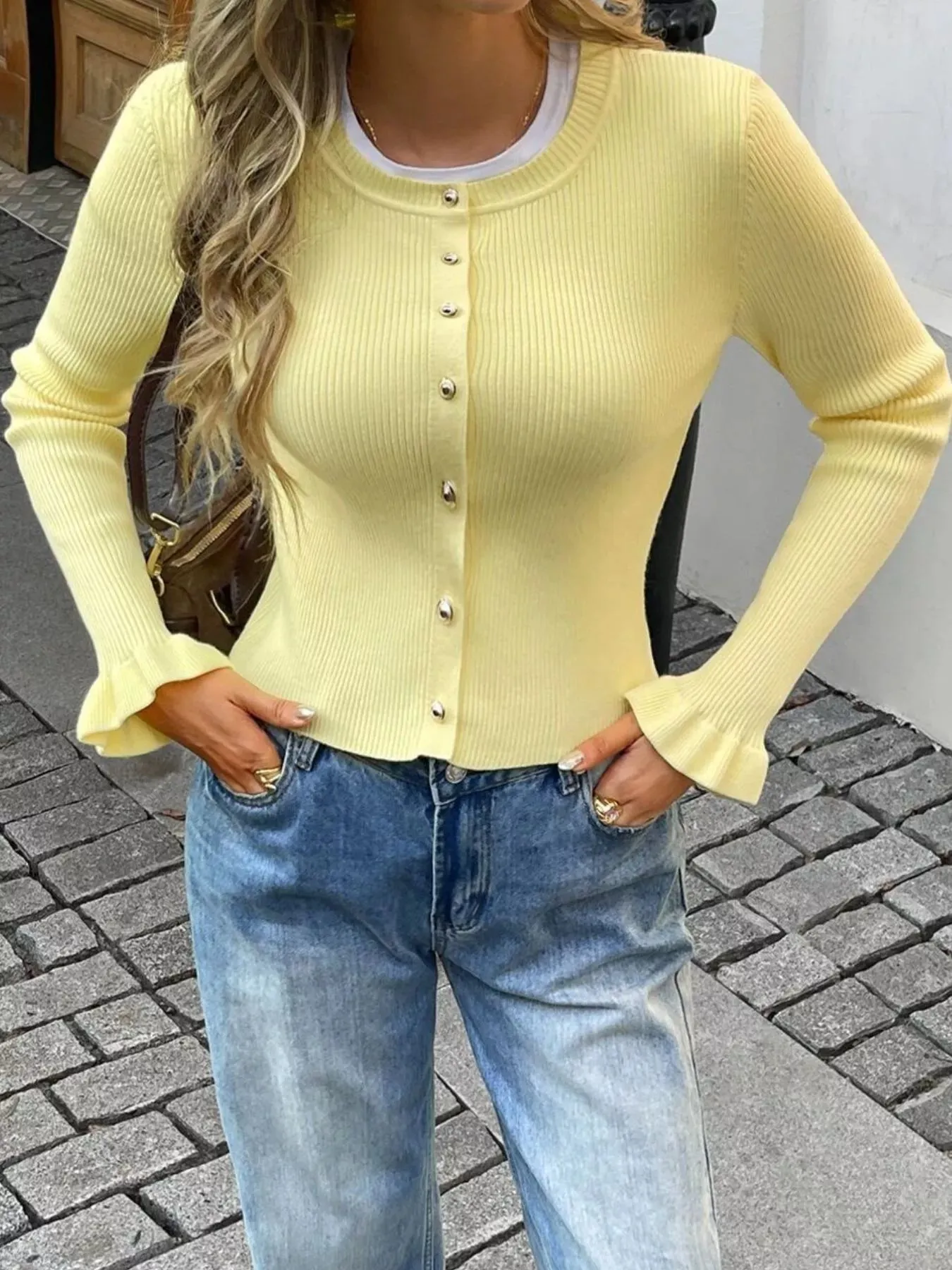 Ribbed Knit Button-Down Cardigan sold by Charming Charlie product image thumbnail 3