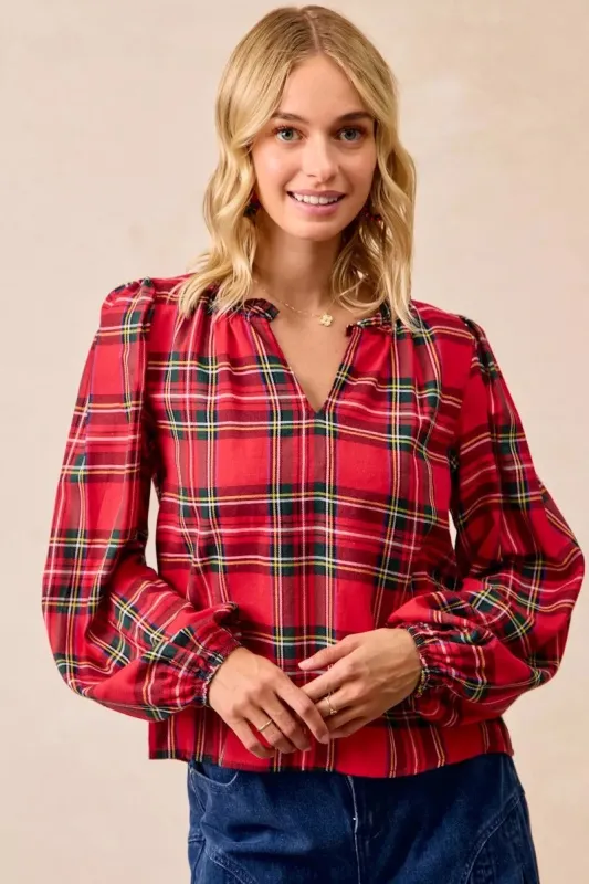 BiBi Christmas Plaid Balloon Sleeves Ruffled V-Neck Top sold by Charming Charlie