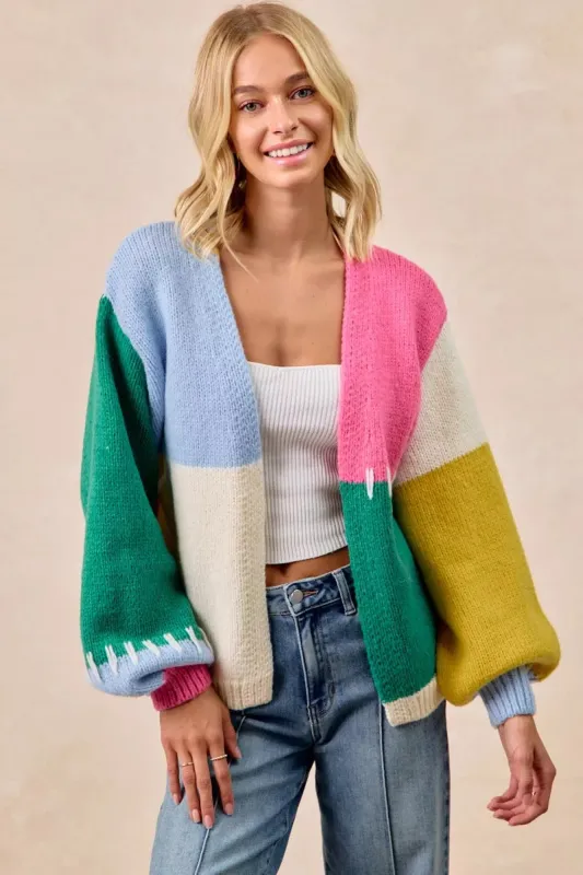 BiBi Color Block Open Front Sweater Cardigan sold by Charming Charlie