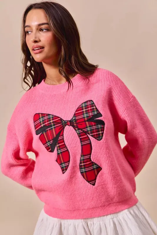SO ME Checker Plaid Ribbon Christmas Holiday Sweater sold by Charming Charlie