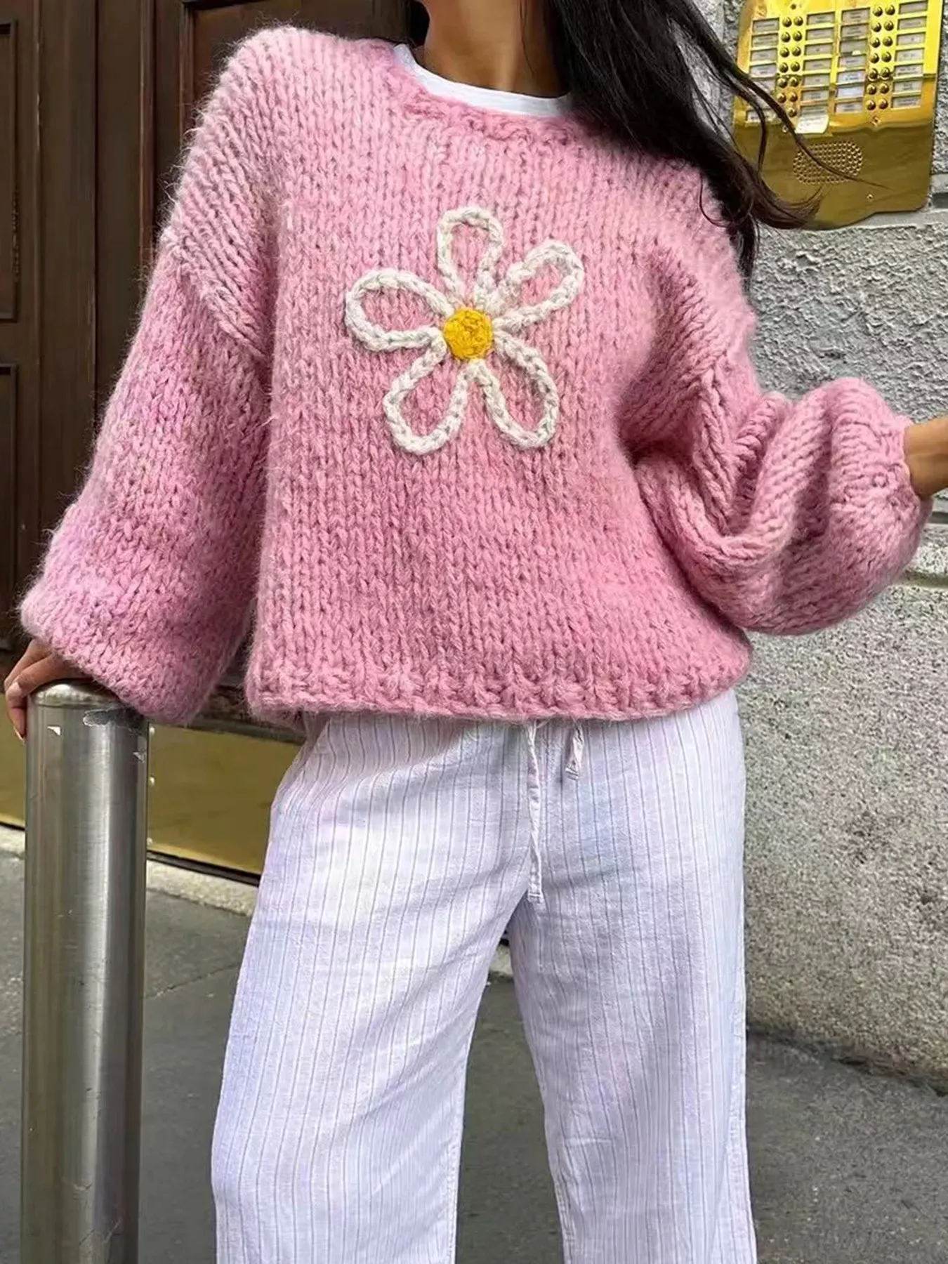Flower Round Neck Dropped Shoulder Sweater sold by Charming Charlie