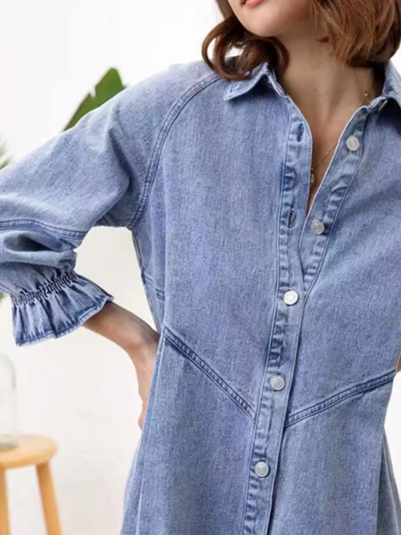 Ruffled Cuff Button-Down Denim Dress sold by Charming Charlie product image thumbnail 5