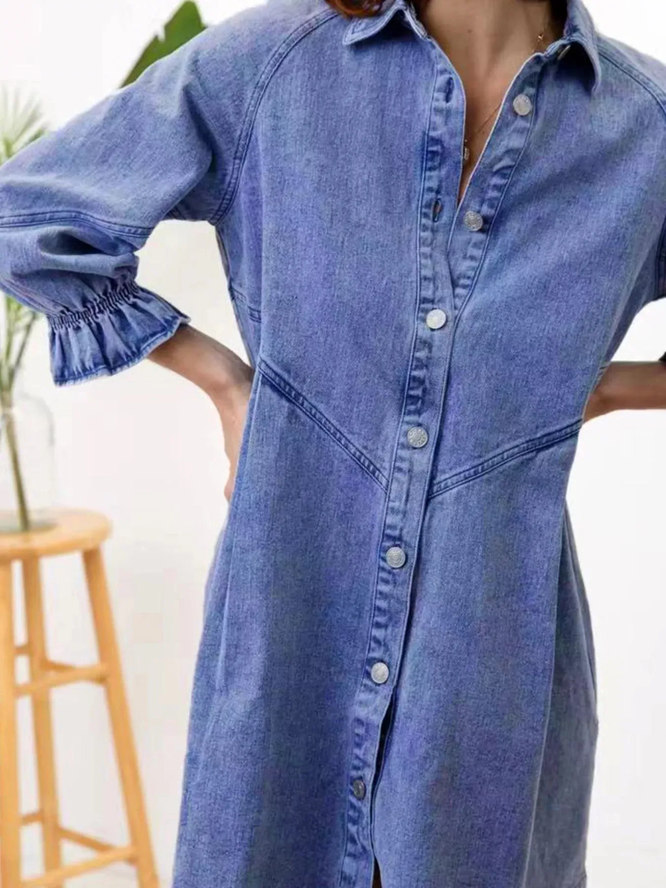 Ruffled Cuff Button-Down Denim Dress sold by Charming Charlie product image thumbnail 2