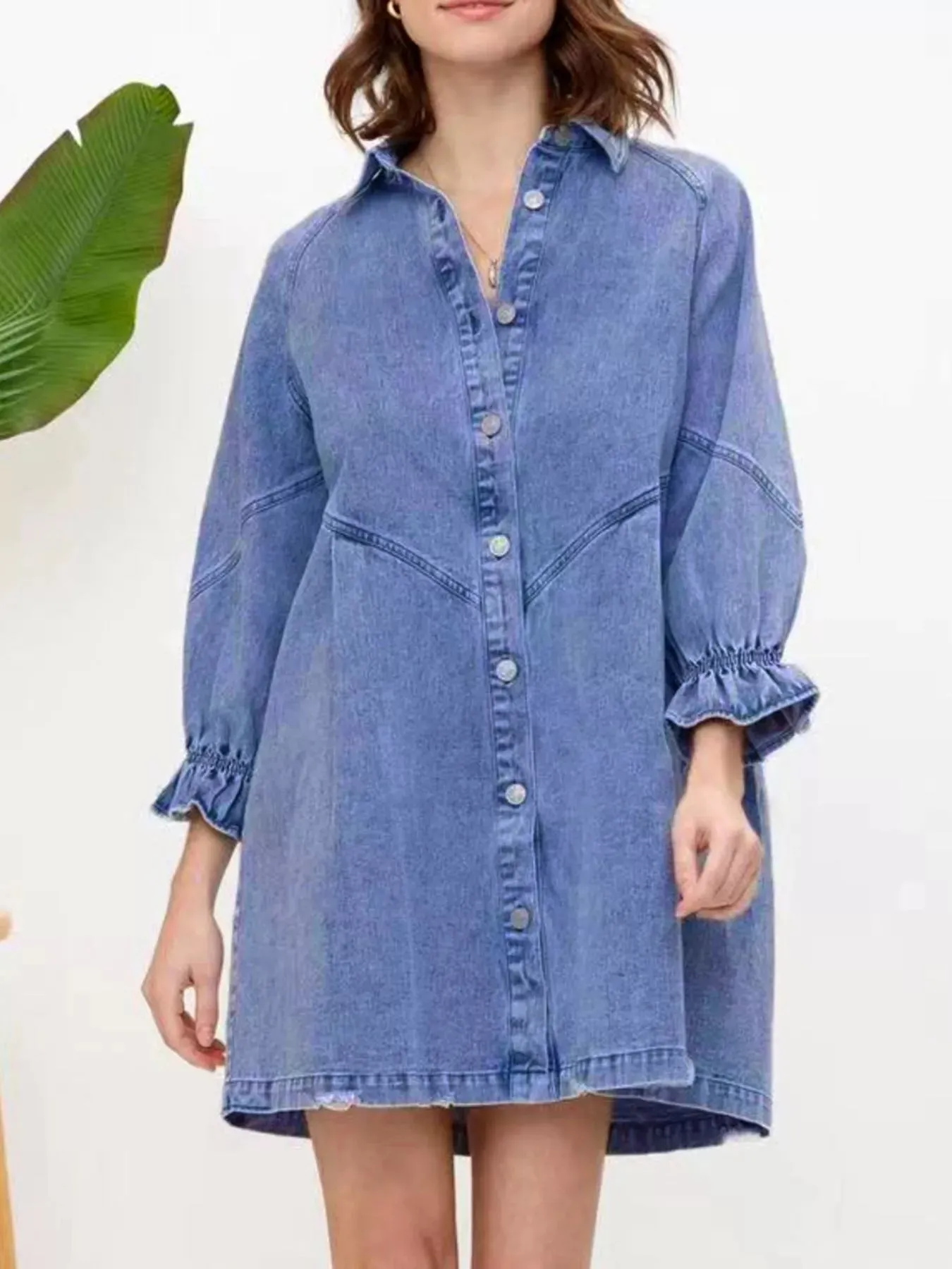 Ruffled Cuff Button-Down Denim Dress sold by Charming Charlie product image thumbnail 3