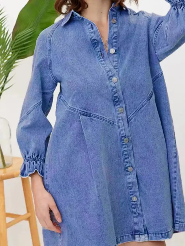 Ruffled Cuff Button-Down Denim Dress sold by Charming Charlie