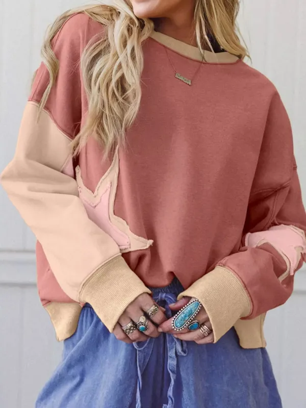Contrast Star Patchwork Exposed Seam Uneven Hem Drop Shoulder Sweatshirt sold by Charming Charlie