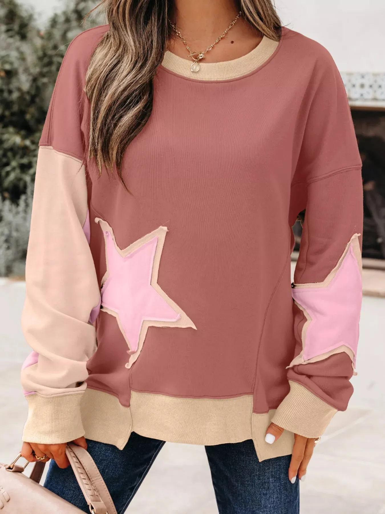 Contrast Star Patchwork Exposed Seam Uneven Hem Drop Shoulder Sweatshirt sold by Charming Charlie product image thumbnail 3