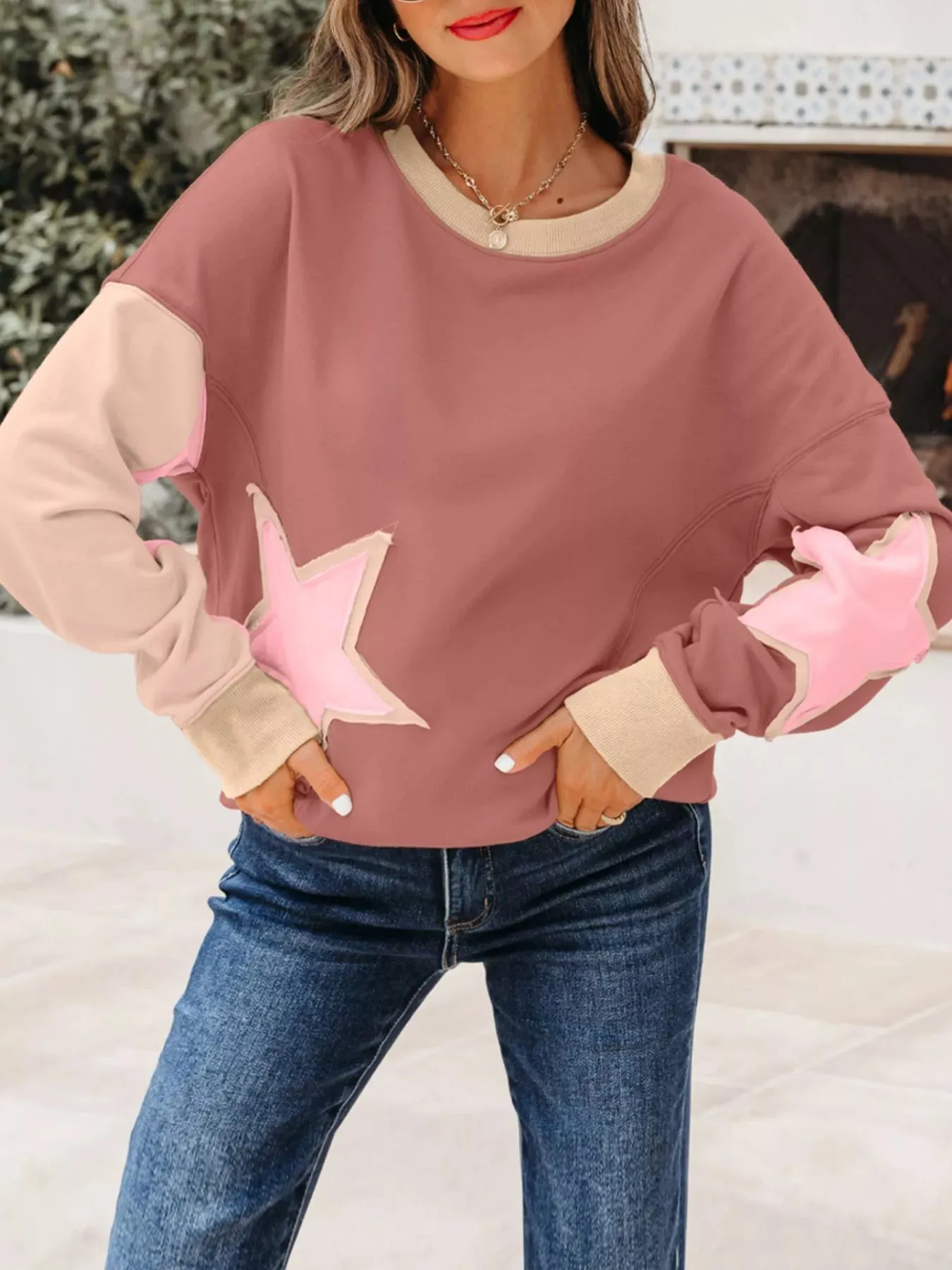Contrast Star Patchwork Exposed Seam Uneven Hem Drop Shoulder Sweatshirt sold by Charming Charlie product image thumbnail 4