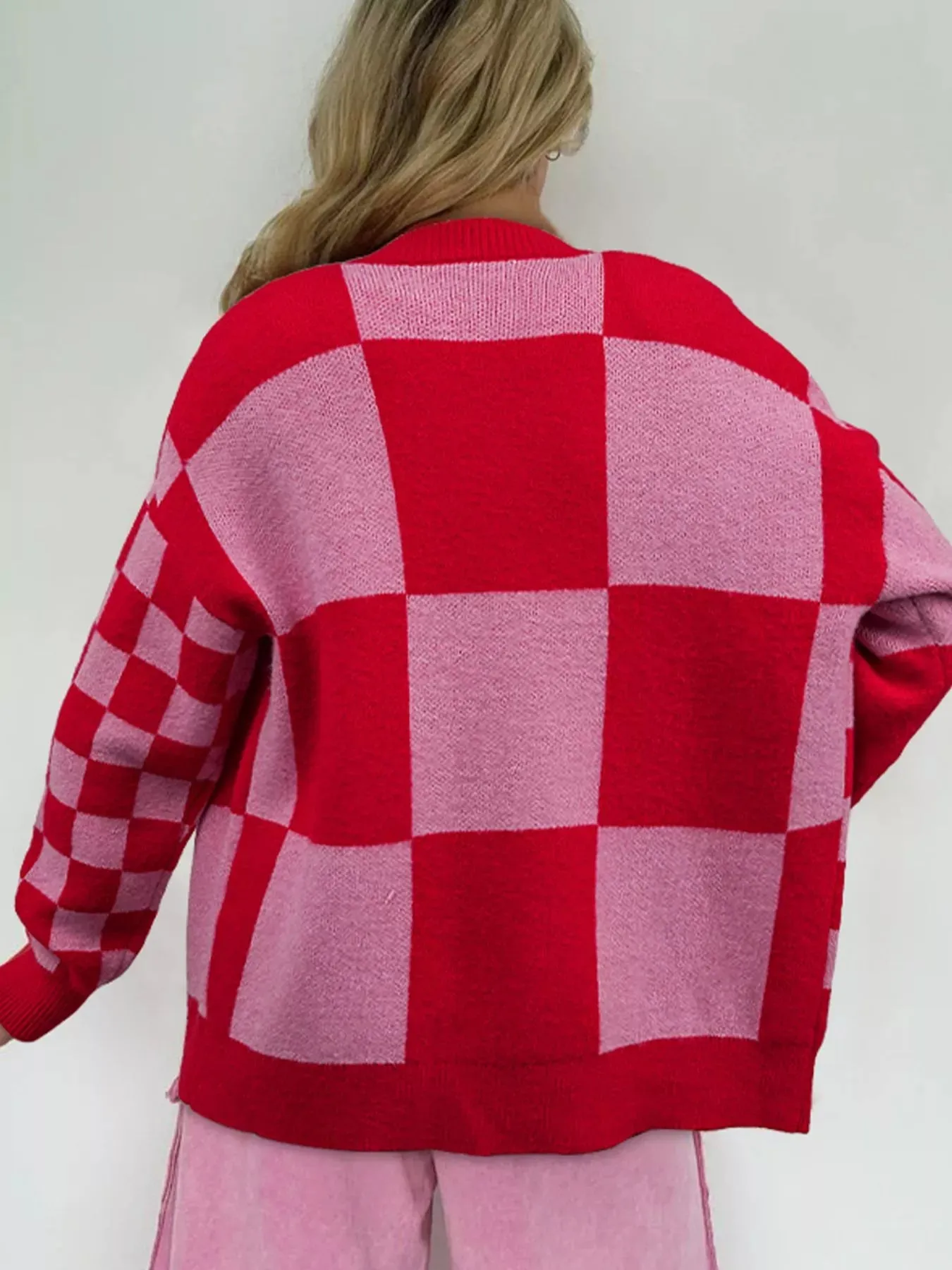 Checkerboard Knit Button-Down Cardigan sold by Charming Charlie product image thumbnail 2