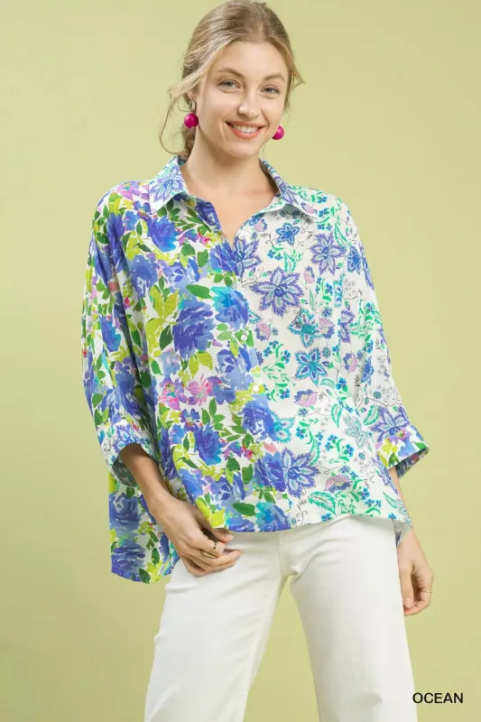 Umgee Mixed Floral Oversized Button Down Shirt sold by Charming Charlie