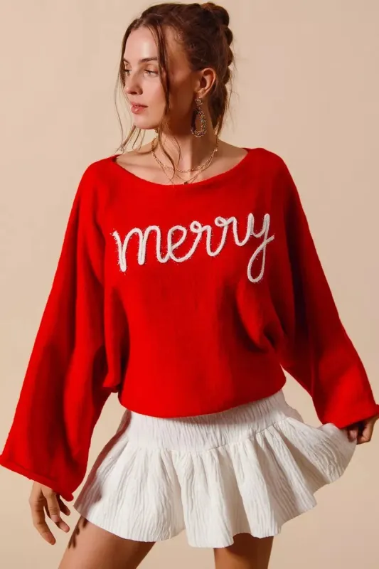 SO ME Merry Tinsel Lettering Christmas Sweater Top sold by Charming Charlie