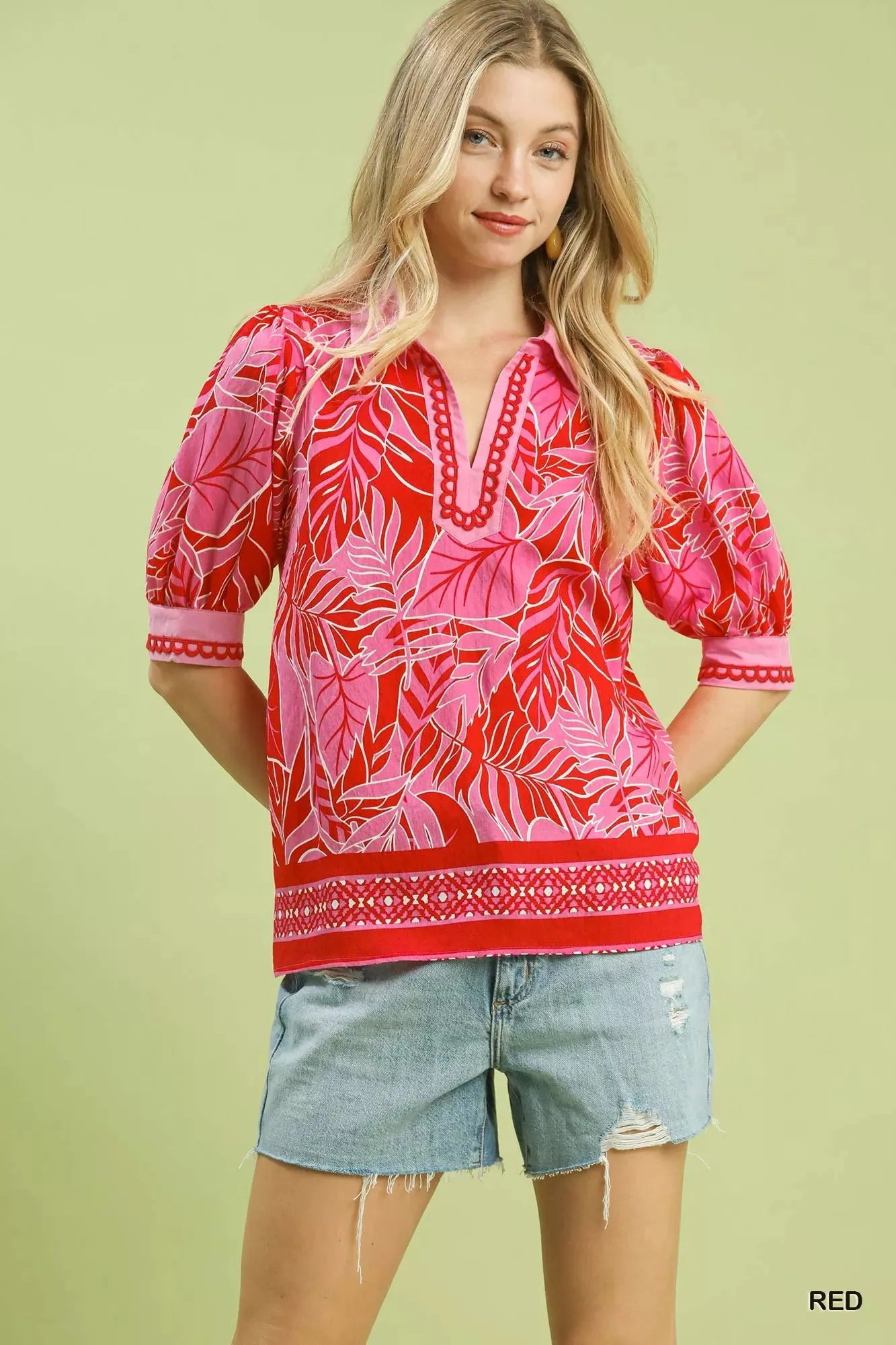Umgee Tropical Print Puff Sleeve Blouse sold by Charming Charlie