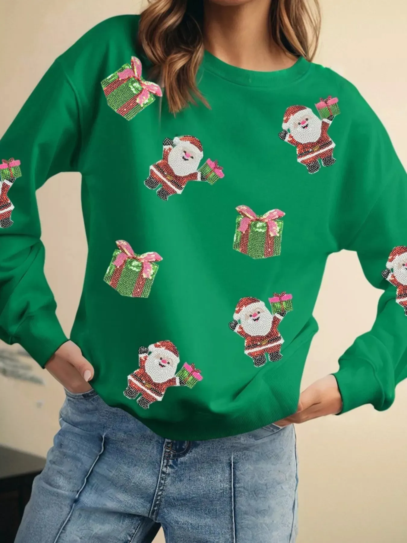 Santa Delivering Gifts Christmas Sequin Graphic Sweatshirt sold by Charming Charlie product image thumbnail 2