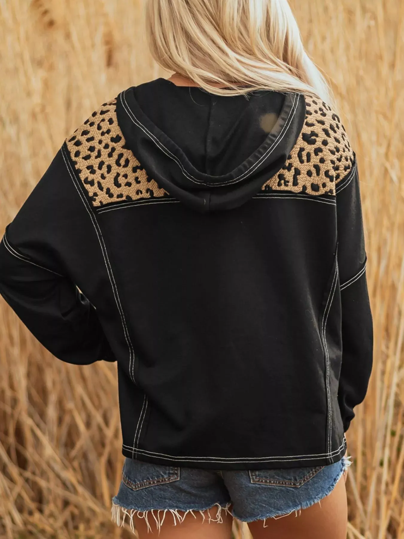 Leopard Patchwork Contrast Stitching Knotted Cuff Quarter Zip Hoodie sold by Charming Charlie product image thumbnail 2