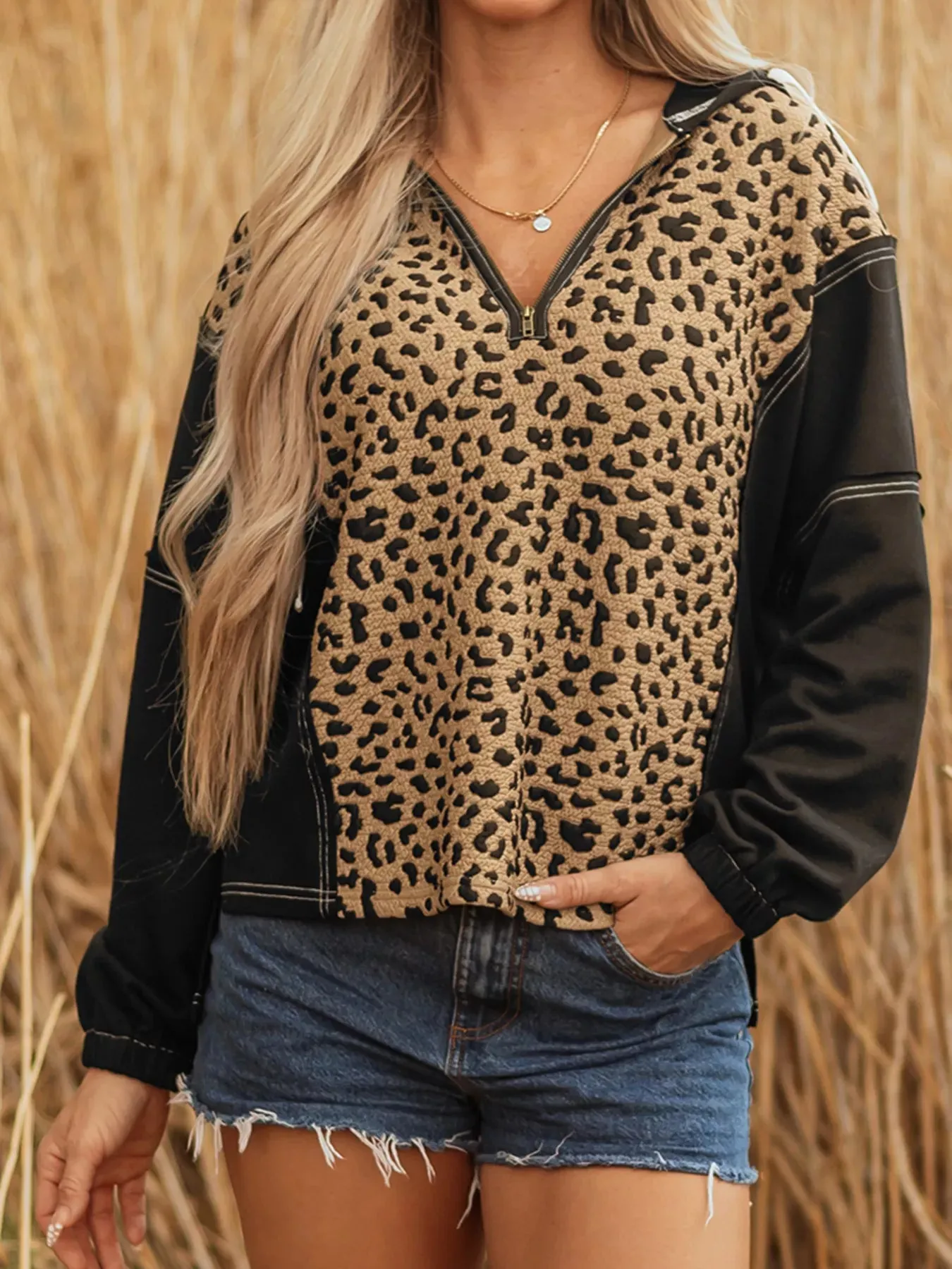 Leopard Patchwork Contrast Stitching Knotted Cuff Quarter Zip Hoodie sold by Charming Charlie product image thumbnail 3