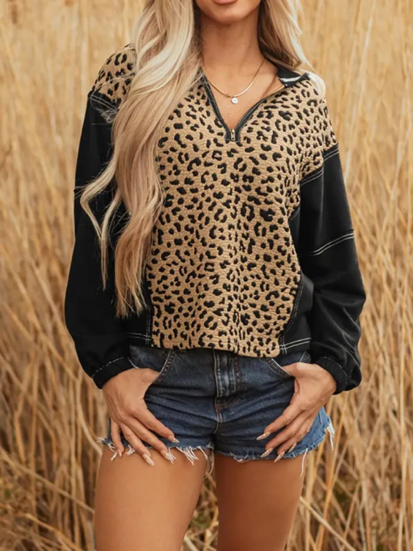 Leopard Patchwork Contrast Stitching Knotted Cuff Quarter Zip Hoodie sold by Charming Charlie