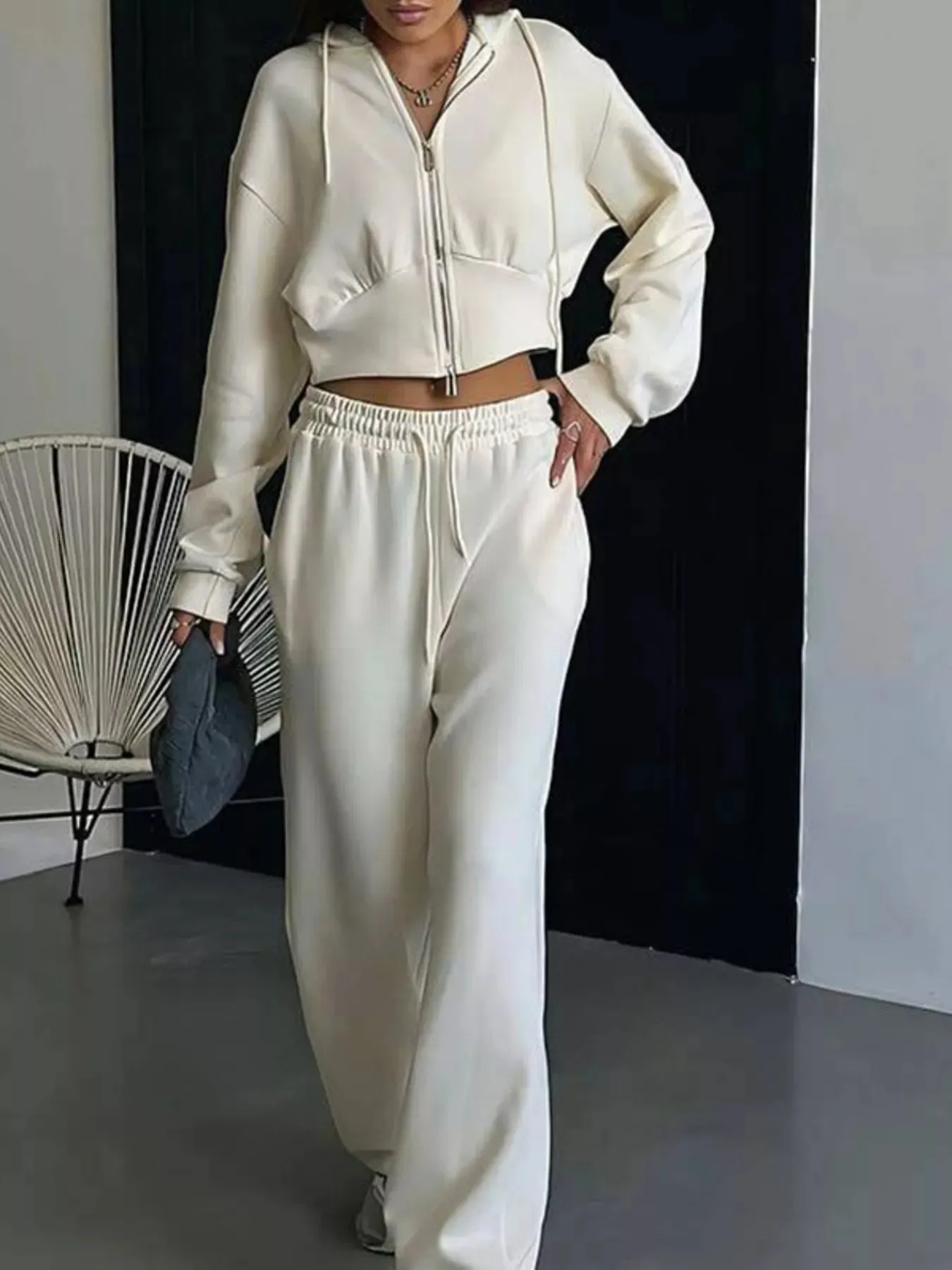 Casual Cropped Hoodie and Wide Leg Pants Set sold by Charming Charlie product image thumbnail 4