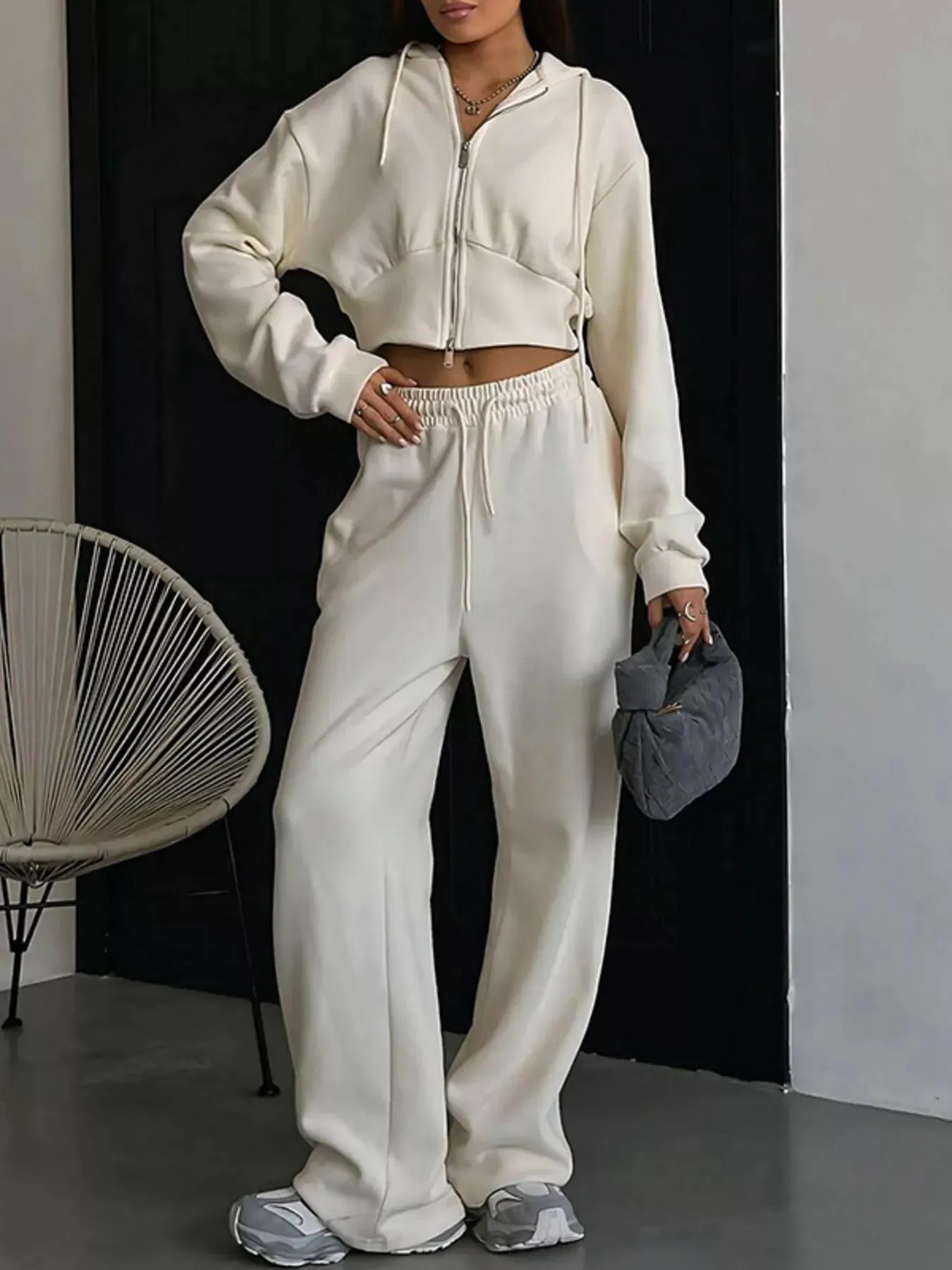 Casual Cropped Hoodie and Wide Leg Pants Set sold by Charming Charlie