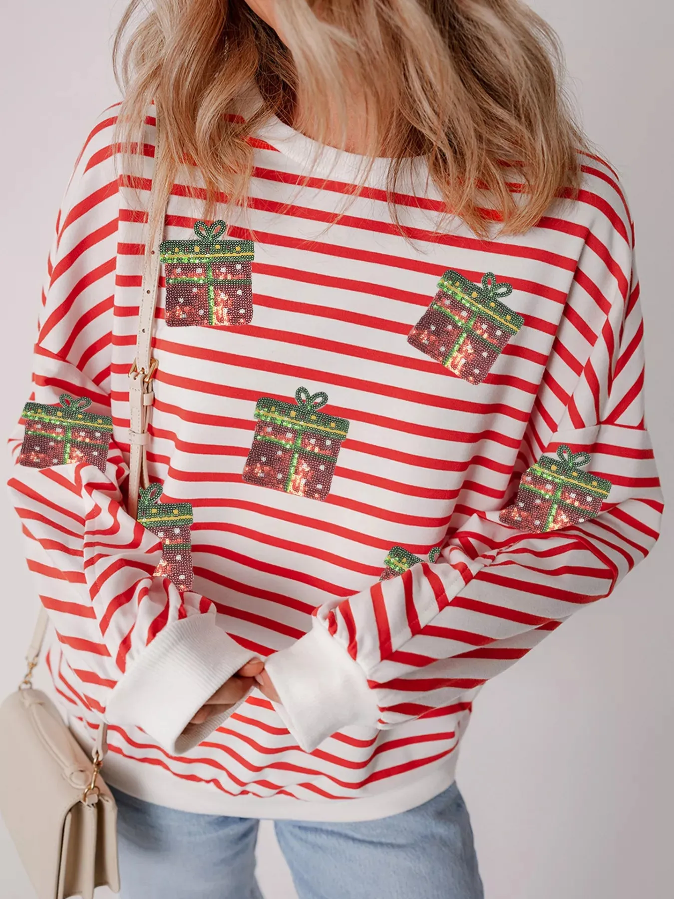 Stripe Sequin Christmas Gift Patched Drop Shoulder Sweatshirt sold by Charming Charlie product image thumbnail 4