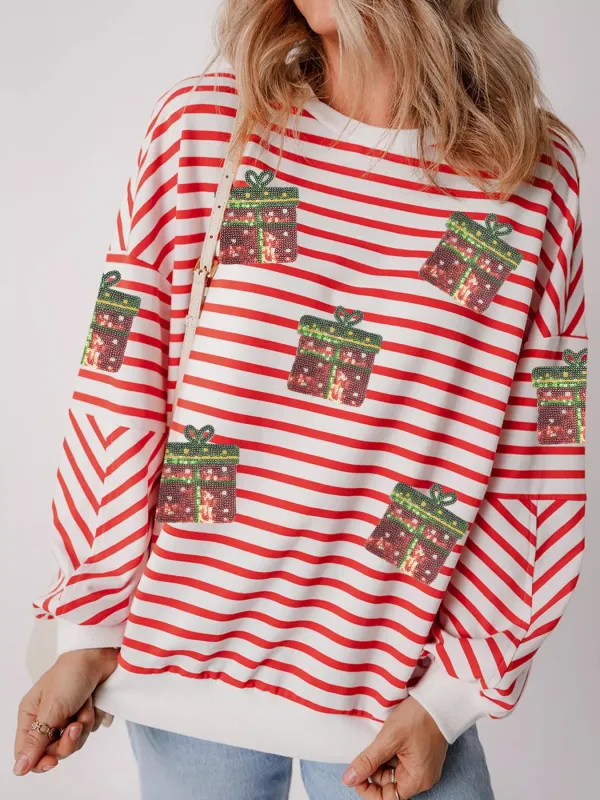 Stripe Sequin Christmas Gift Patched Drop Shoulder Sweatshirt sold by Charming Charlie