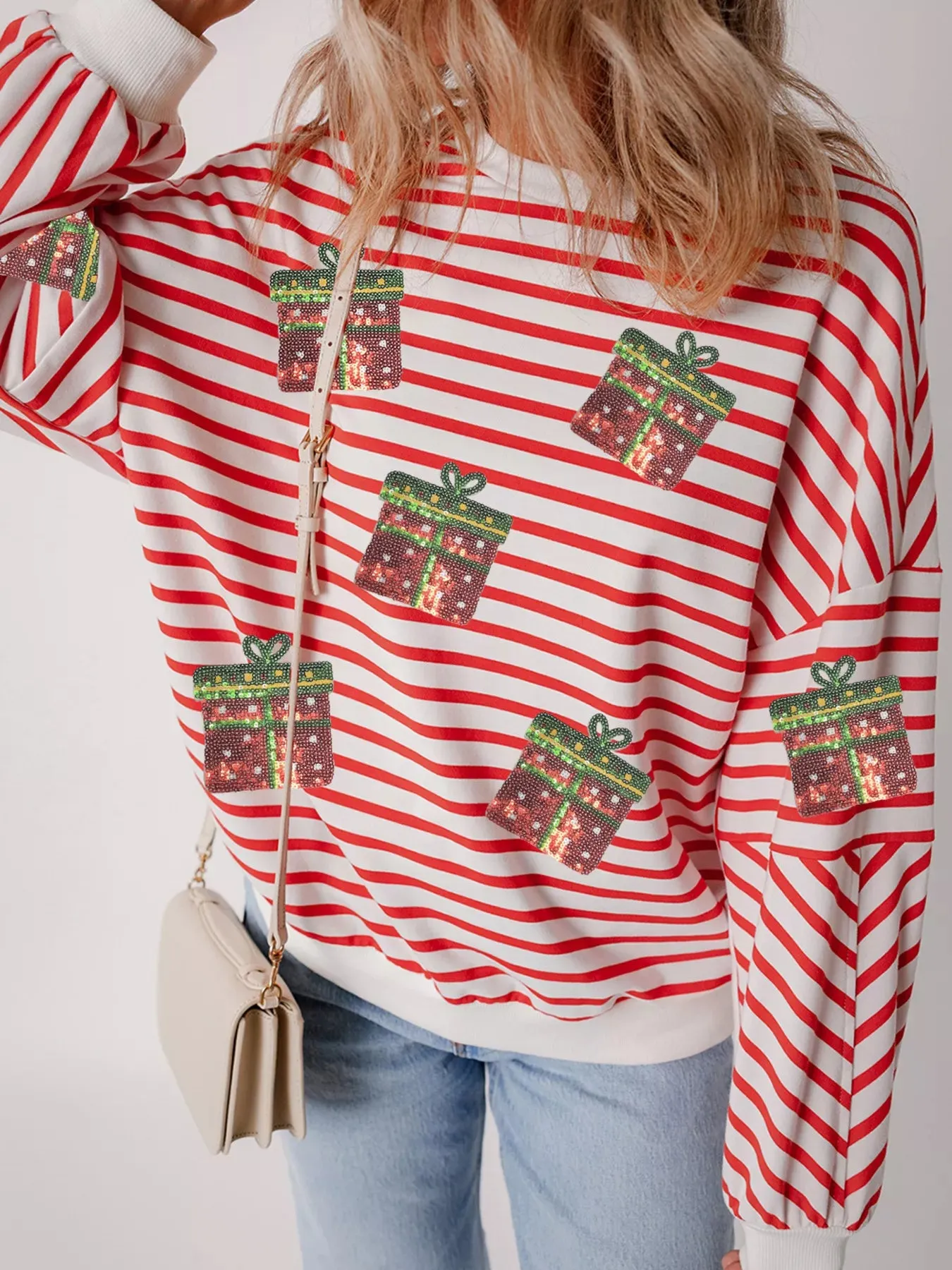 Stripe Sequin Christmas Gift Patched Drop Shoulder Sweatshirt sold by Charming Charlie product image thumbnail 5