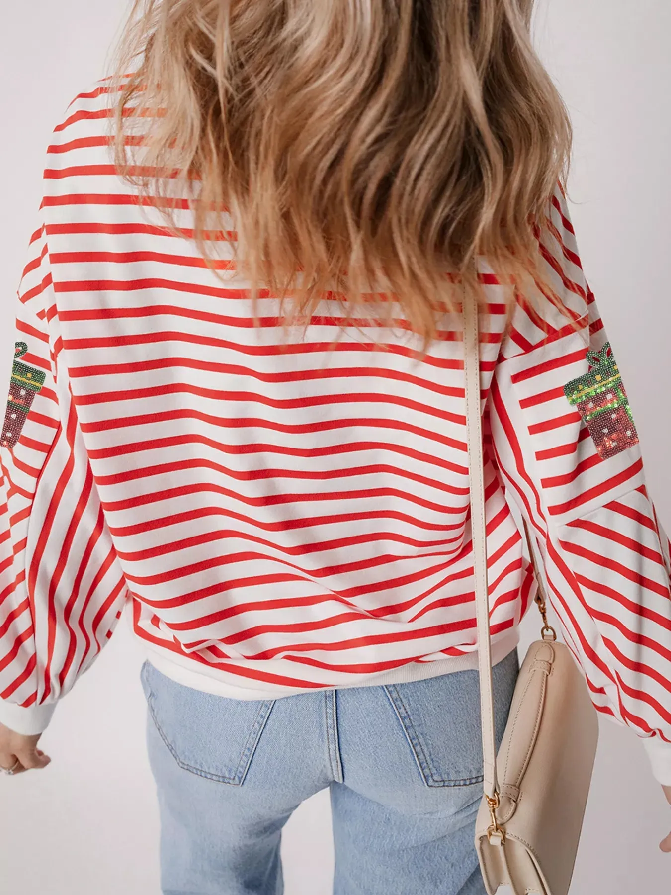 Stripe Sequin Christmas Gift Patched Drop Shoulder Sweatshirt sold by Charming Charlie product image thumbnail 2