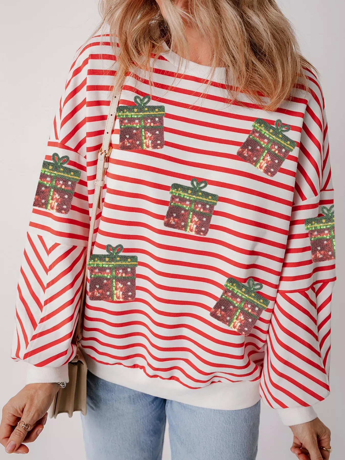 Stripe Sequin Christmas Gift Patched Drop Shoulder Sweatshirt sold by Charming Charlie product image thumbnail 3