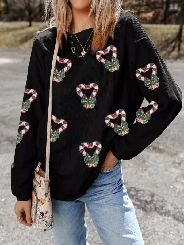 Sequin Christmas Candy Cane Heart Graphic Drop Shoulder Ribbed Sweatshirt sold by Charming Charlie