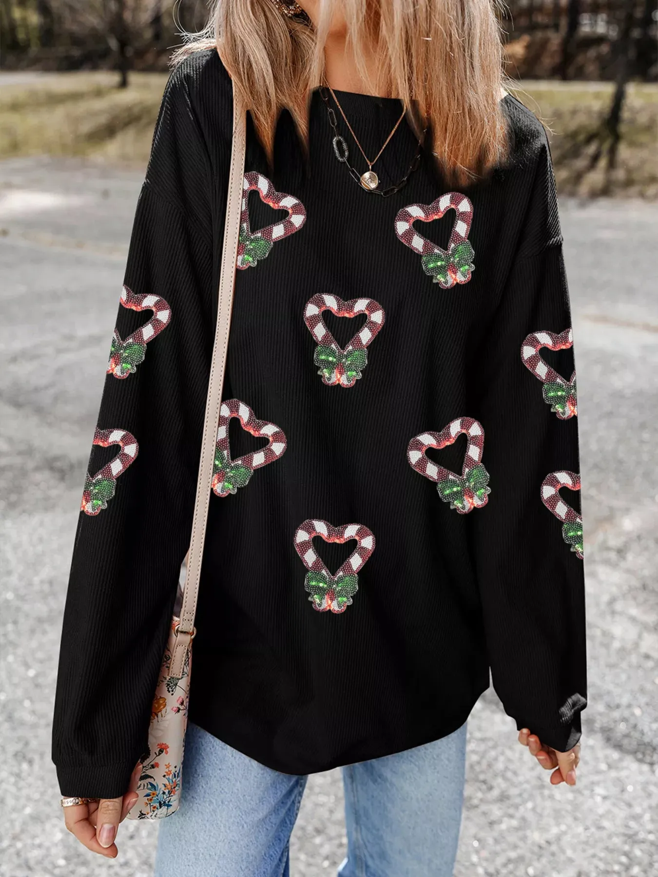Sequin Christmas Candy Cane Heart Graphic Drop Shoulder Ribbed Sweatshirt sold by Charming Charlie product image thumbnail 2