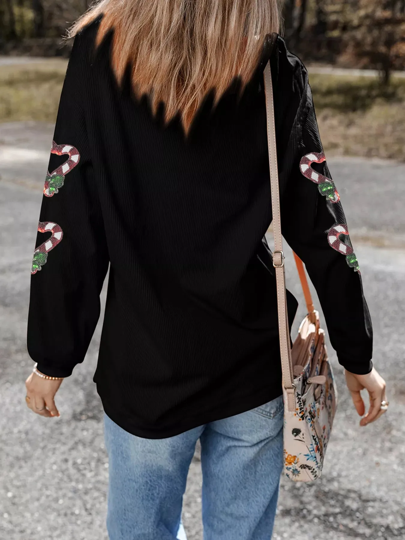 Sequin Christmas Candy Cane Heart Graphic Drop Shoulder Ribbed Sweatshirt sold by Charming Charlie product image thumbnail 3