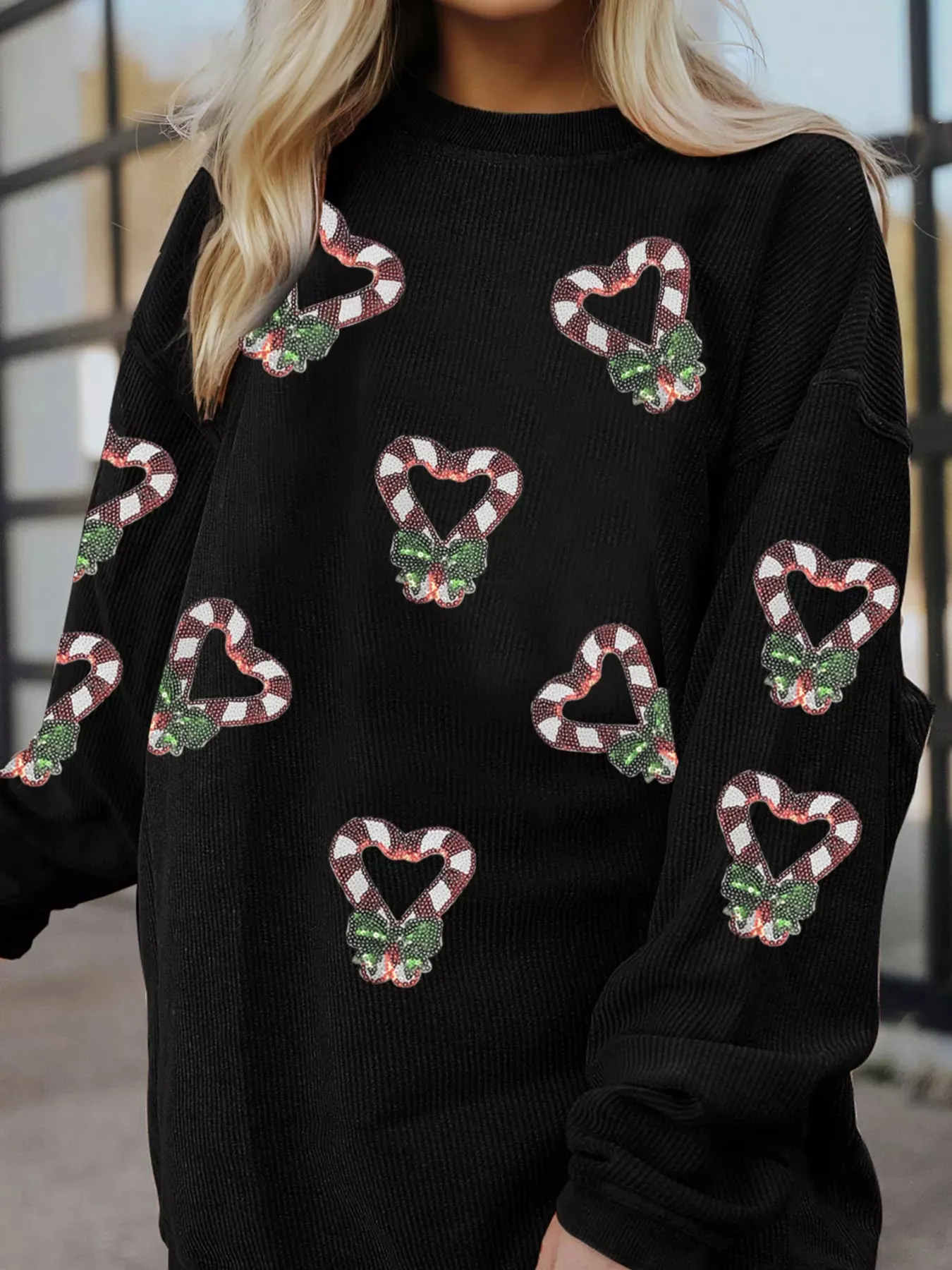Sequin Christmas Candy Cane Heart Graphic Drop Shoulder Ribbed Sweatshirt sold by Charming Charlie product image thumbnail 4