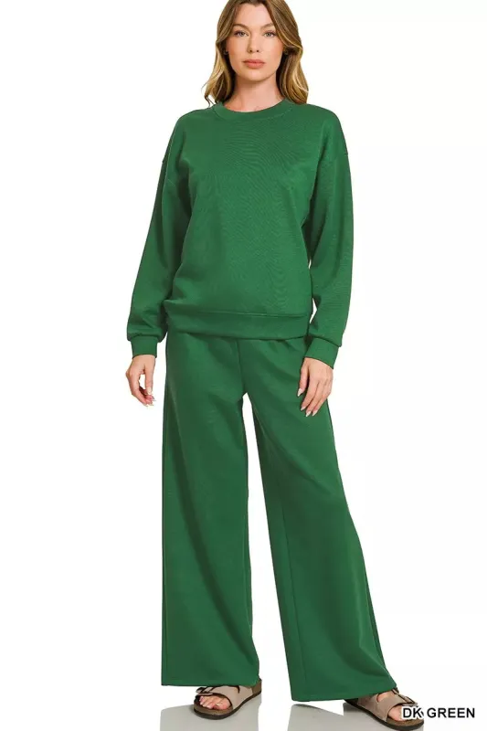 Zenana Scuba Crewneck Pullover and Pants Set sold by Charming Charlie