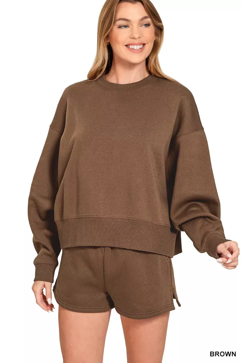 Zenana Fleece Round Neck Sweatshirt and Shorts Set sold by Charming Charlie