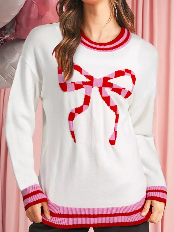 Striped Trim Bow Graphic Round Neck Drop Shoulder Sweater sold by Charming Charlie