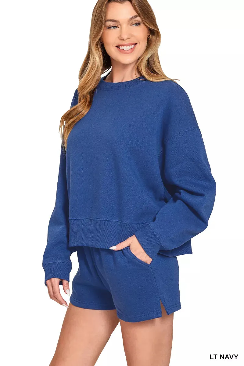 Zenana Fleece Round Neck Sweatshirt and Shorts Set sold by Charming Charlie product image thumbnail 2