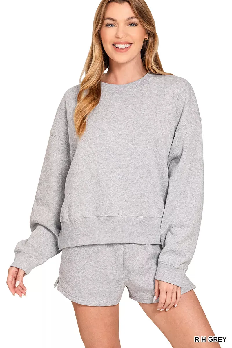 Zenana Fleece Round Neck Sweatshirt and Shorts Set sold by Charming Charlie