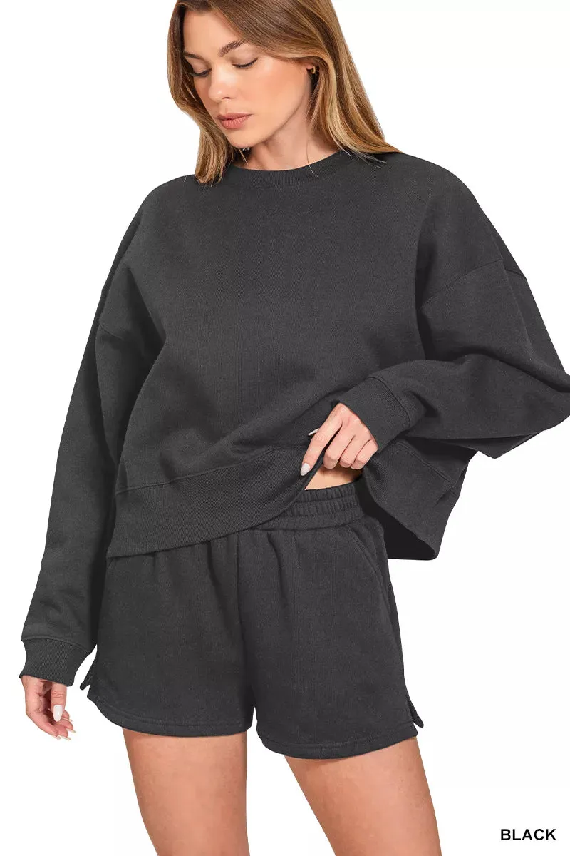 Zenana Fleece Round Neck Sweatshirt and Shorts Set sold by Charming Charlie