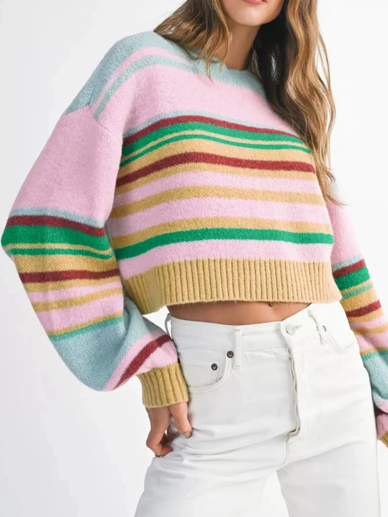 Multicolour Striped Knit Ribbed Trim Boxy Fit Cropped Sweater sold by Charming Charlie product image thumbnail 3