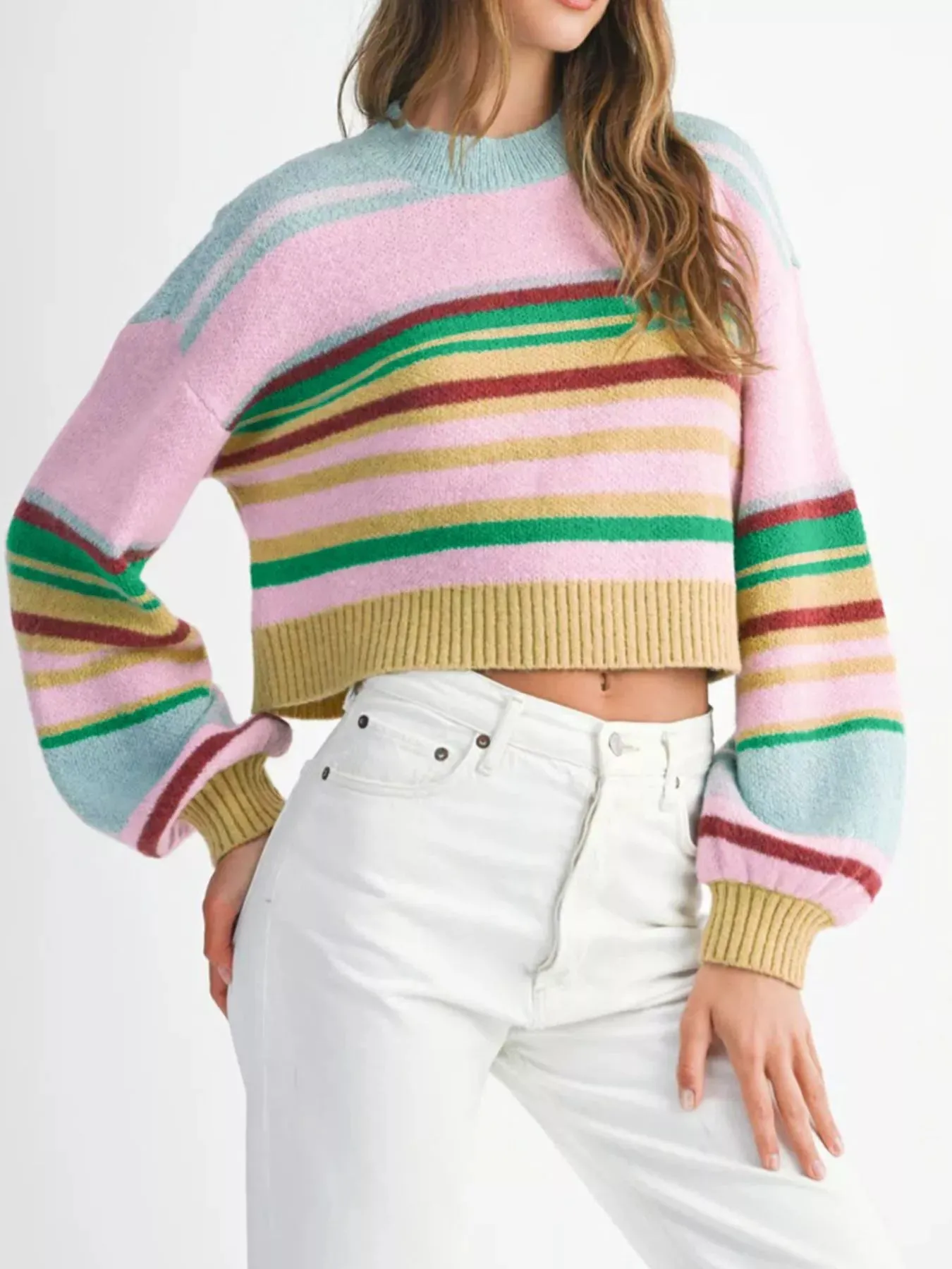 Multicolour Striped Knit Ribbed Trim Boxy Fit Cropped Sweater sold by Charming Charlie